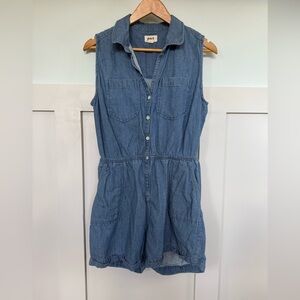 Pact Sleeveless Denim Romper  Women’s Small Organic Cotton Chambray Button Up